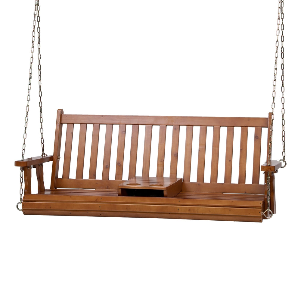 Harlan Porch Outdoor Swing Chair Patio Furniture Wooden Bench 2 Seat Cup Holder - Teak