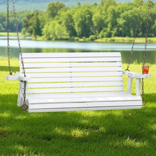 Harlan Porch Outdoor Swing Chair With Cup Holder Wooden Furniture 2 Seater - White
