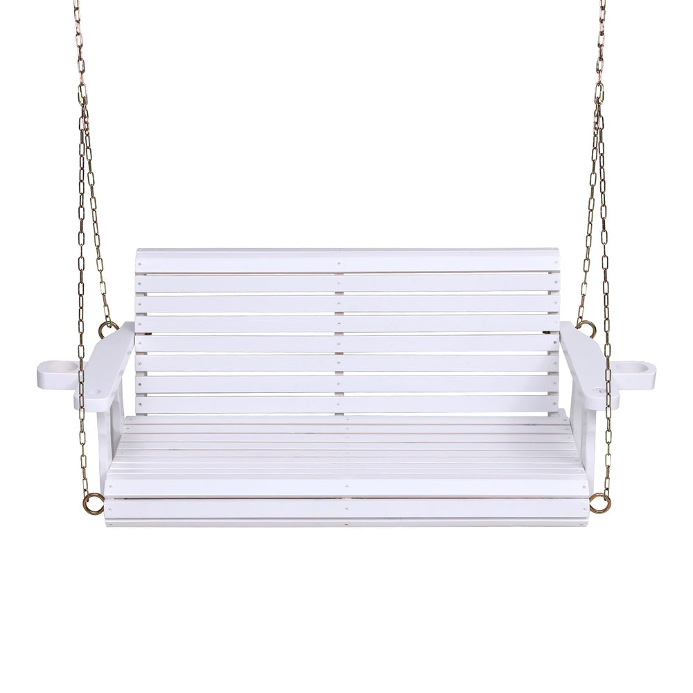 Harlan Porch Outdoor Swing Chair With Cup Holder Wooden Furniture 2 Seater - White