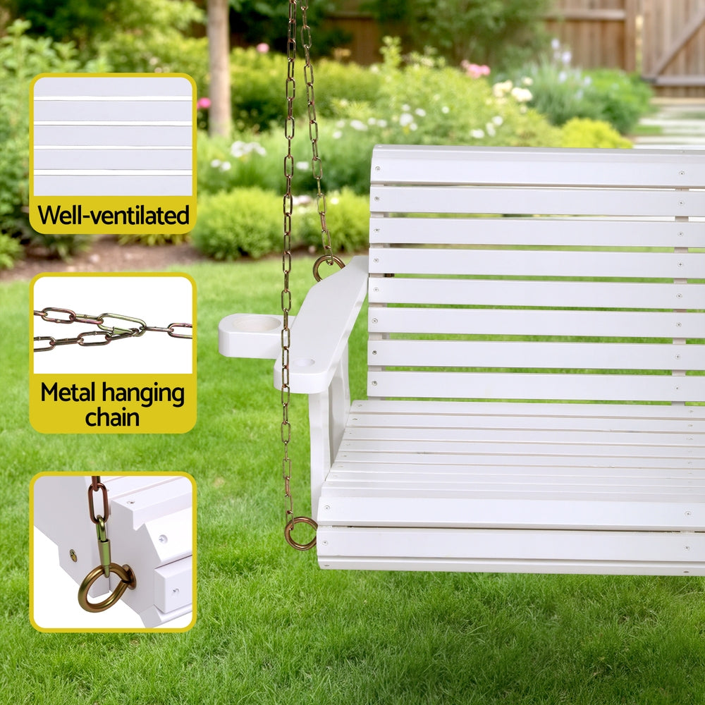 Harlan Porch Outdoor Swing Chair With Cup Holder Wooden Furniture 2 Seater - White