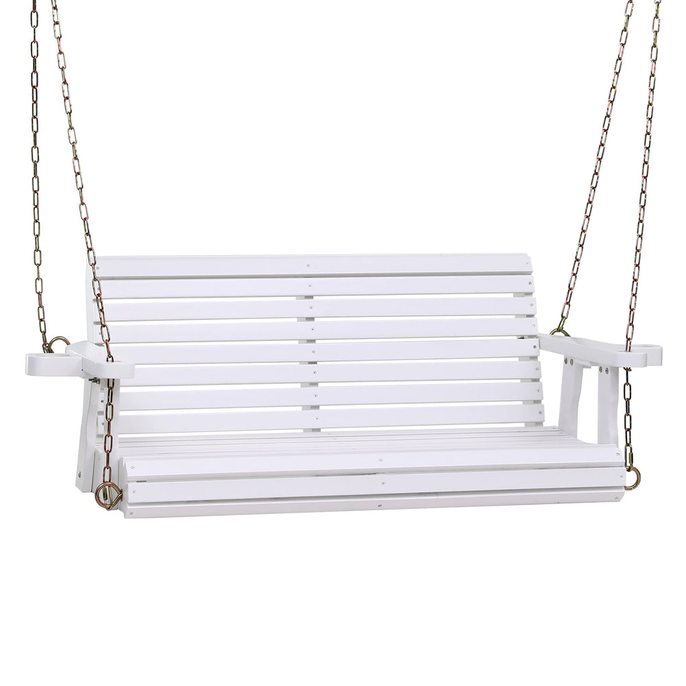 Harlan Porch Outdoor Swing Chair With Cup Holder Wooden Furniture 2 Seater - White