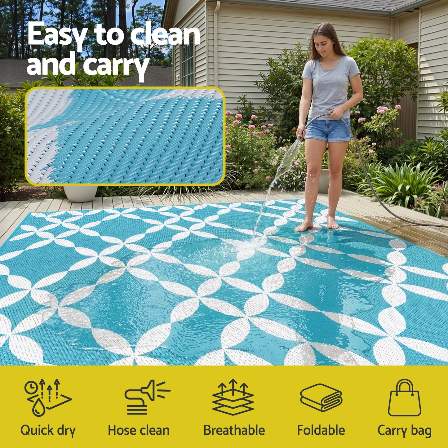 Chval 274x366cm 274x366cm Outdoor Rugs Large Carpet Reversible Area Mat PP Dual-Sided Patio Rug Light Blue Light Blue