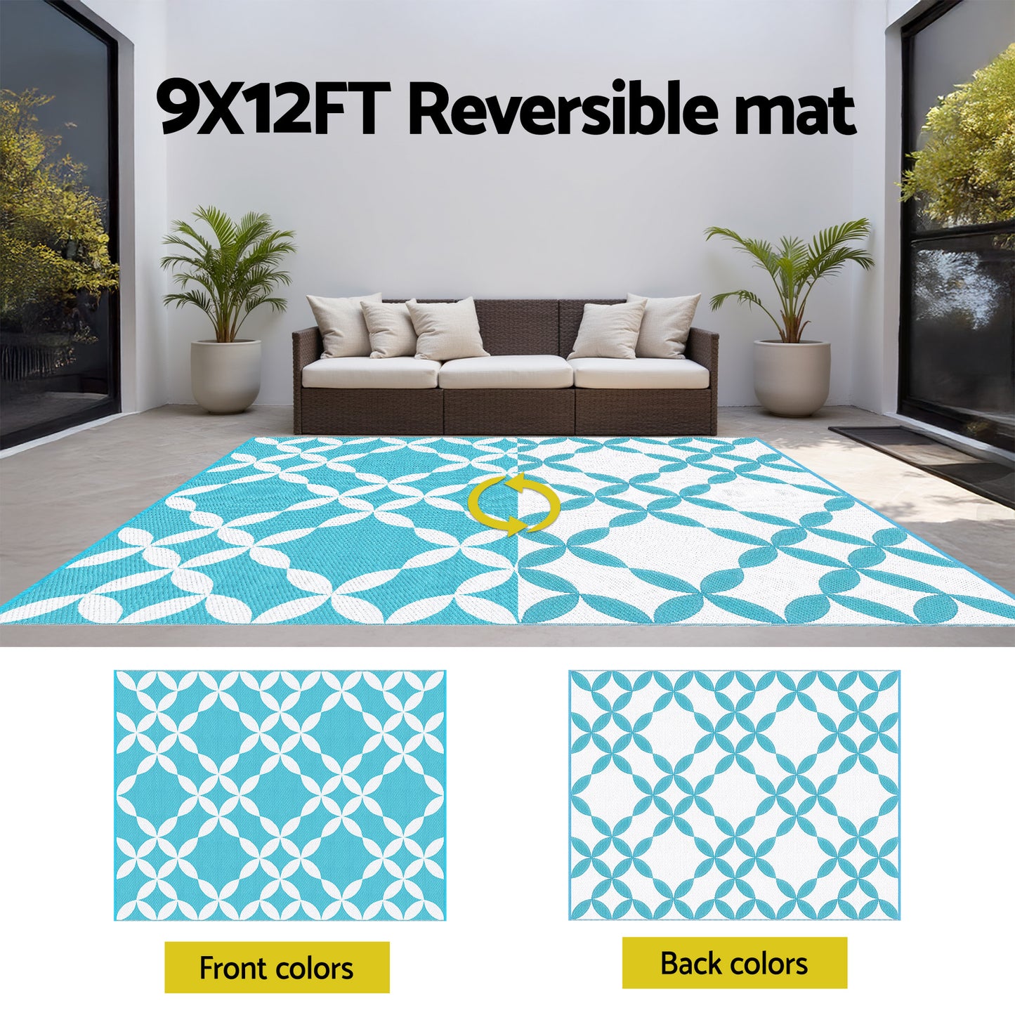 Chval 274x366cm 274x366cm Outdoor Rugs Large Carpet Reversible Area Mat PP Dual-Sided Patio Rug Light Blue Light Blue