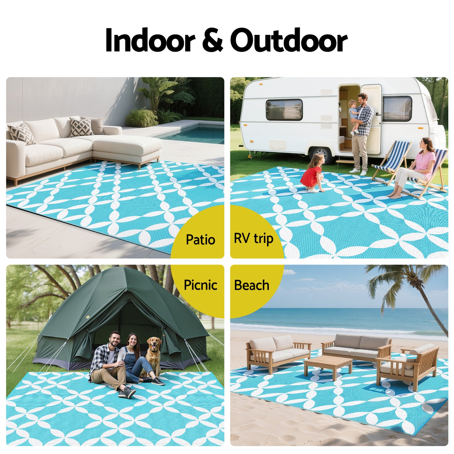 Chval 274x366cm 274x366cm Outdoor Rugs Large Carpet Reversible Area Mat PP Dual-Sided Patio Rug Light Blue Light Blue