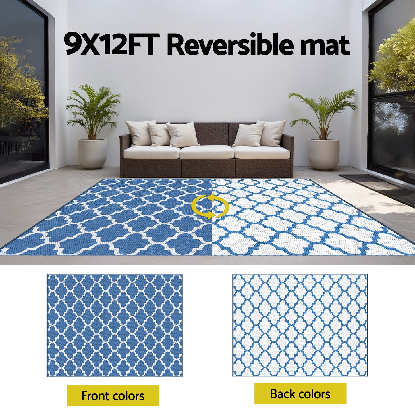 Kojan 274x366cm 274x366cm Outdoor Rugs Large Carpet Reversible Area Mat PP Dual-Sided Patio Rug Blue Blue