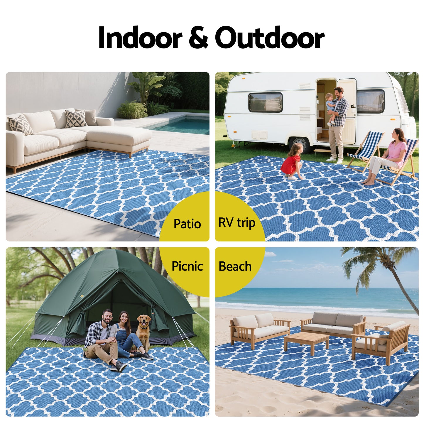 Kojan 274x366cm 274x366cm Outdoor Rugs Large Carpet Reversible Area Mat PP Dual-Sided Patio Rug Blue Blue