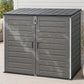 Gray outdoor storage shed with a tiled roof on a wooden deck.