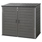Gray outdoor storage shed with a slatted design on a white background