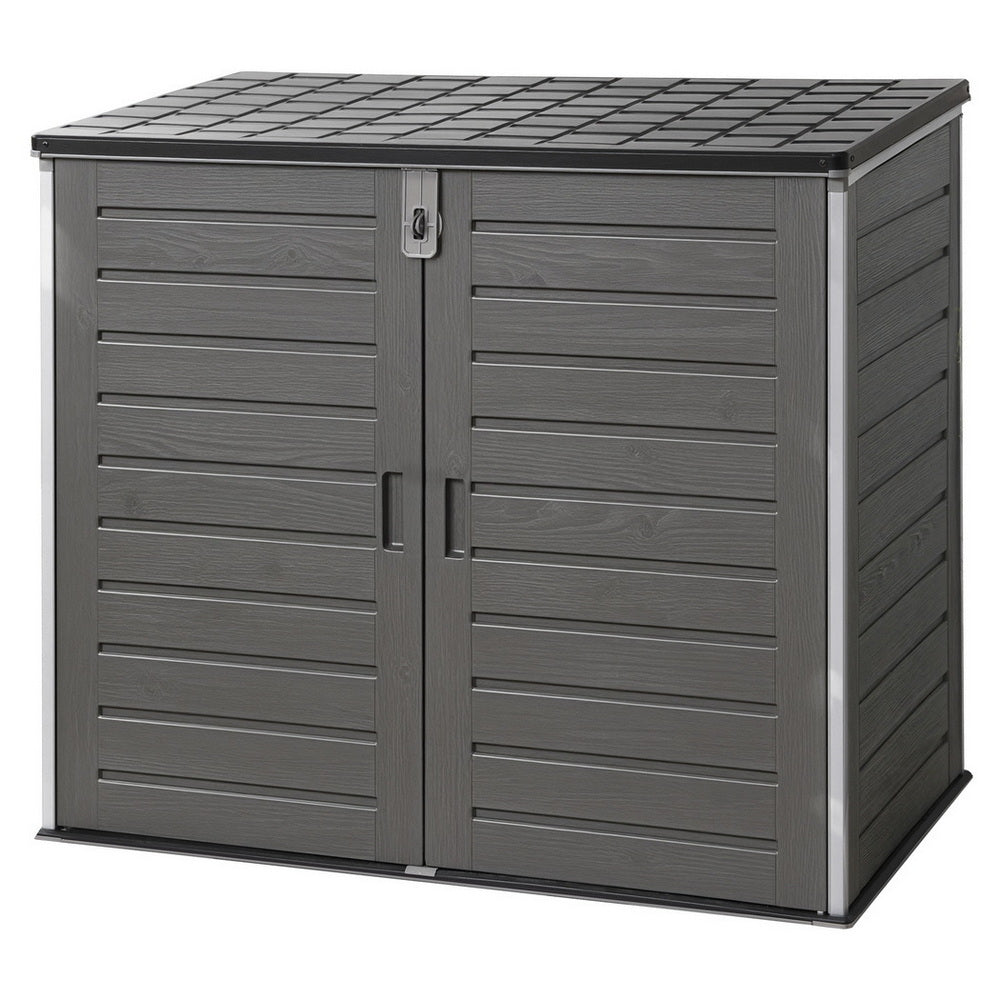 Gray outdoor storage shed with a slatted design on a white background