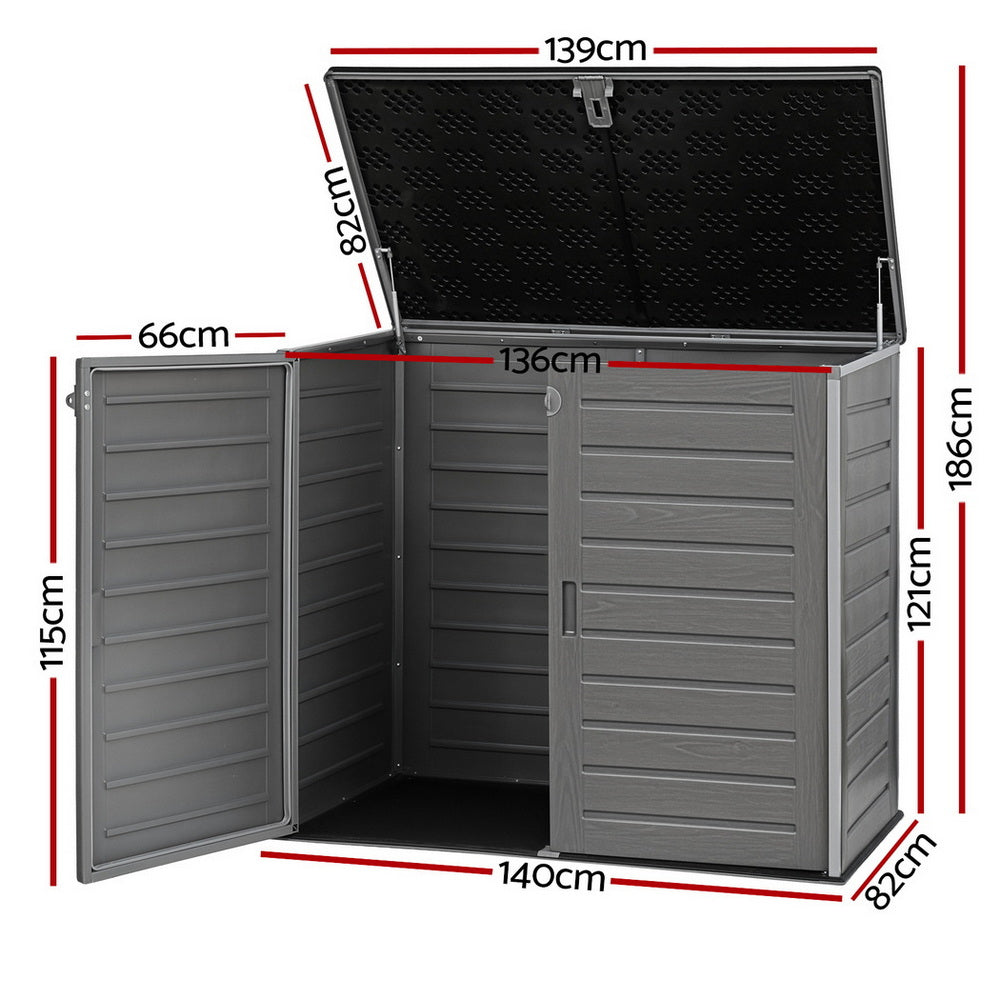 Gray outdoor storage shed with dimensions indicated