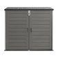 Gray outdoor storage shed with a slatted roof on a white background