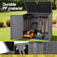 Outdoor storage shed with gardening tools on a grassy background, highlighting durable PP material and features.
