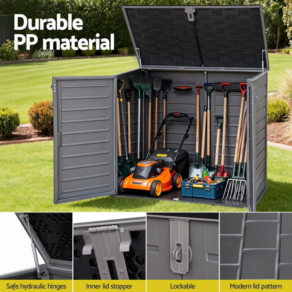Outdoor storage shed with gardening tools on a grassy background, highlighting durable PP material and features.