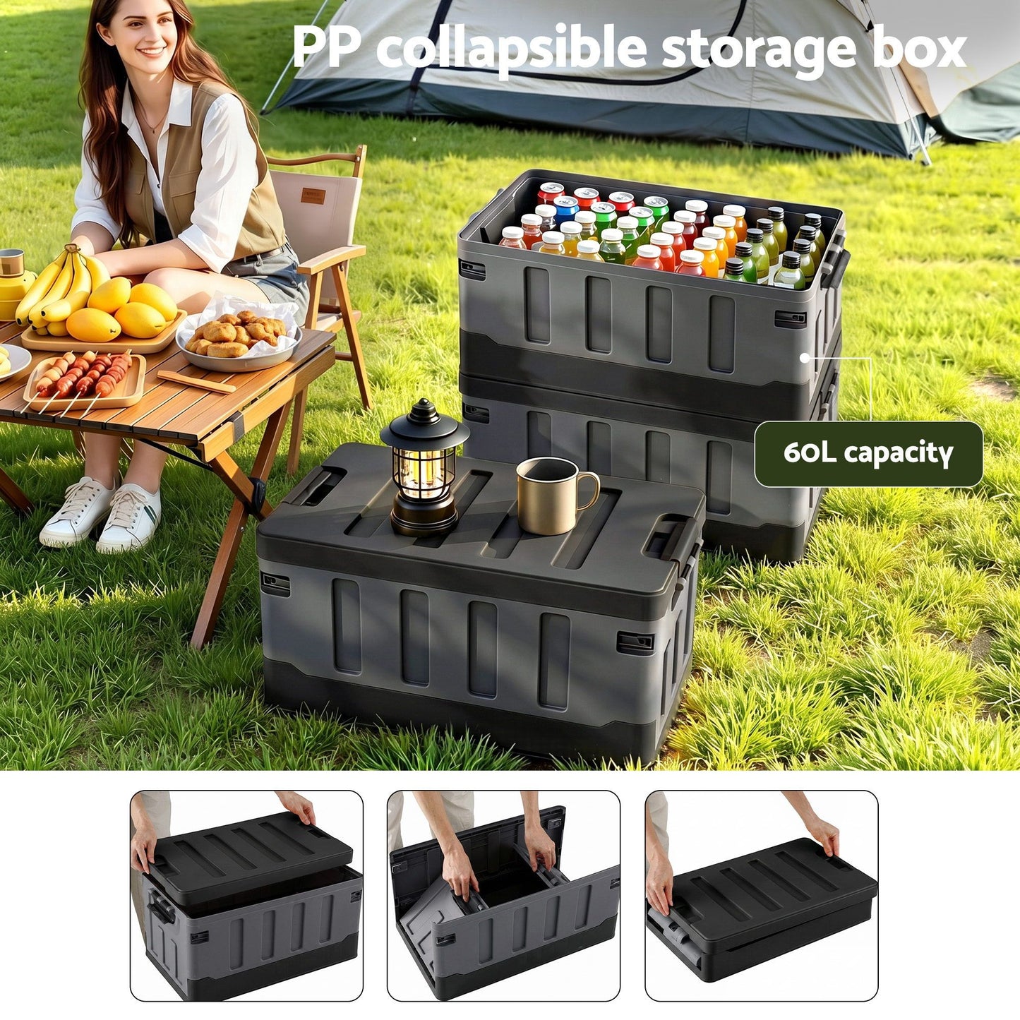 Collapsible Outdoor Storage Box 60L Stackable Folding Camping Organizer Black