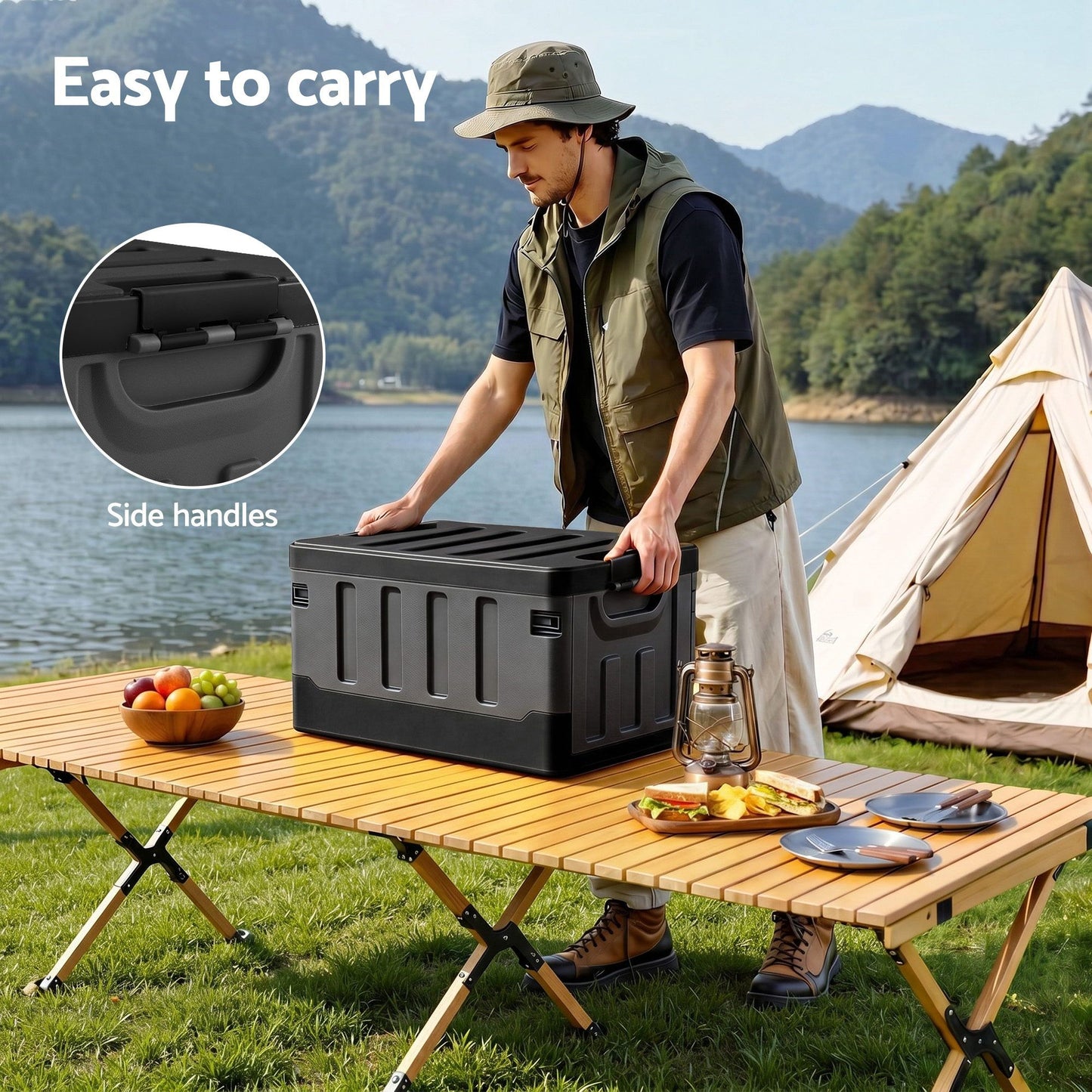 Collapsible Outdoor Storage Box 60L Stackable Folding Camping Organizer Black