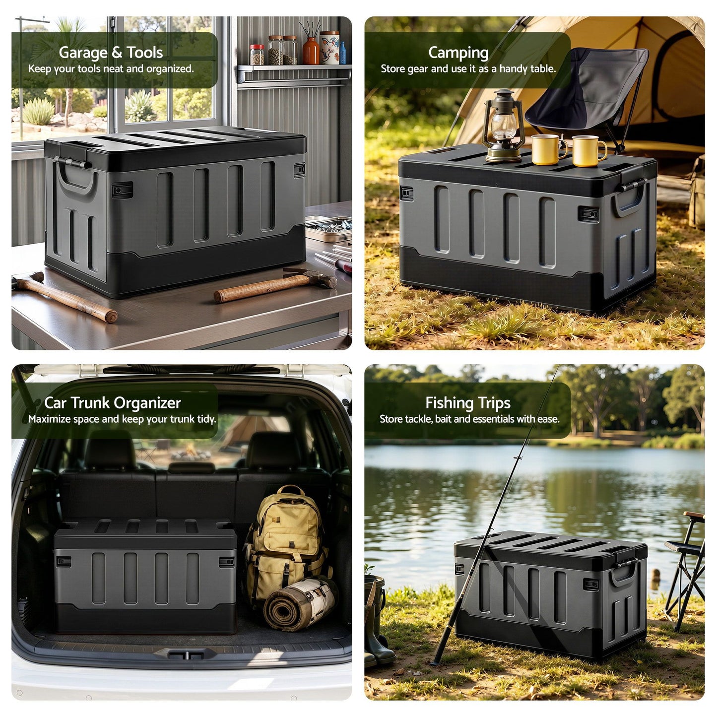 Collapsible Outdoor Storage Box 60L Stackable Folding Camping Organizer Black