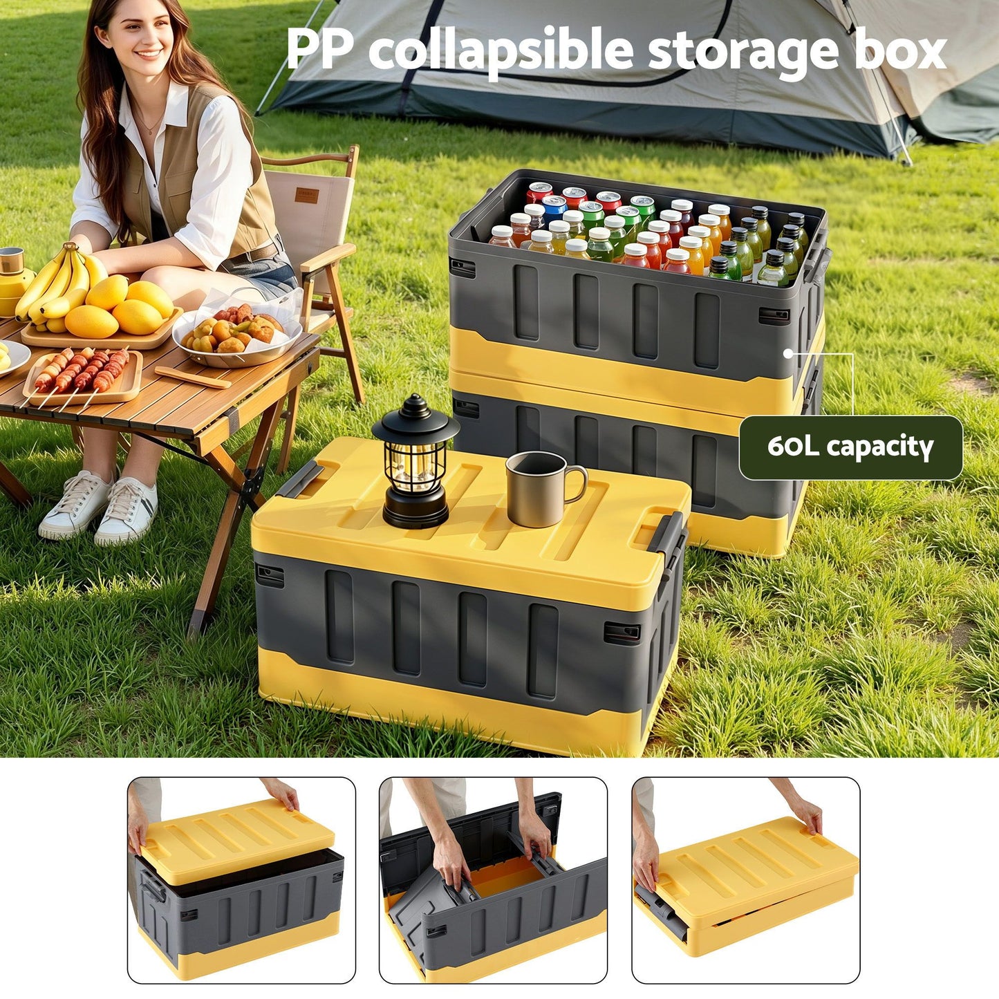 Collapsible Outdoor Storage Box 60L Stackable Folding Camping Organizer Yellow