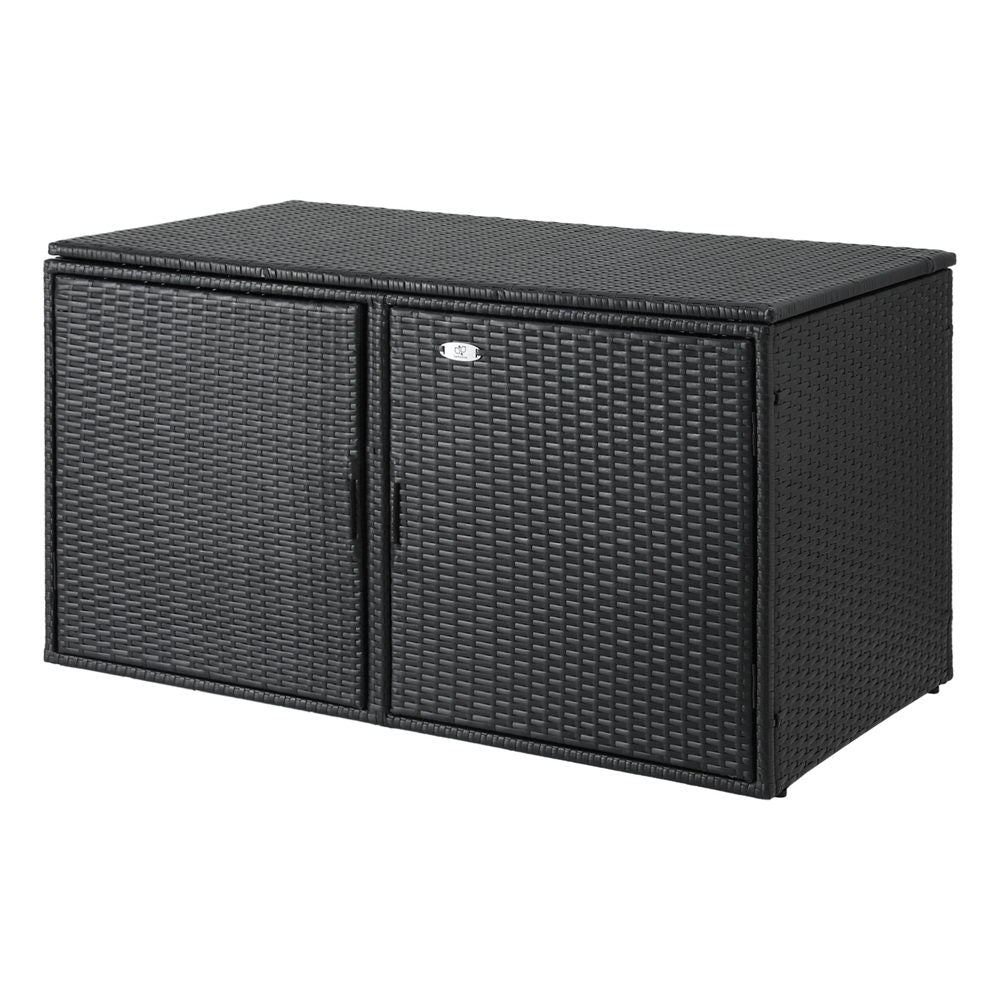 Black wicker storage box with a lid on a white background