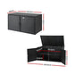 Black outdoor storage bench with dimensions labeled on a white background
