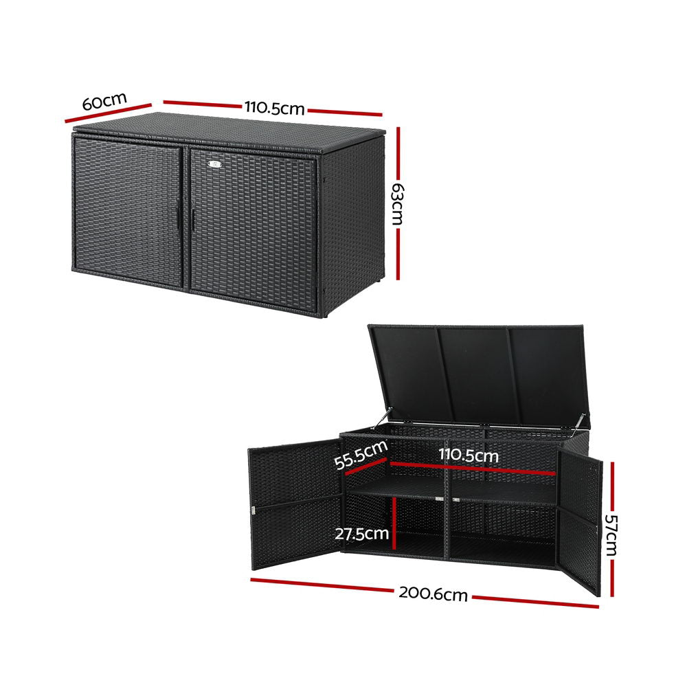 Black outdoor storage bench with dimensions labeled on a white background