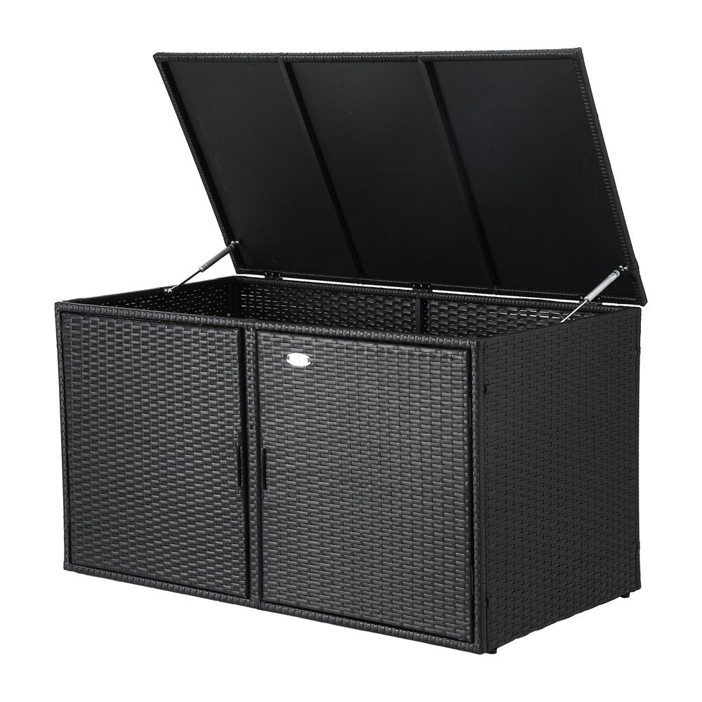 Black wicker storage box with a lid on a white background