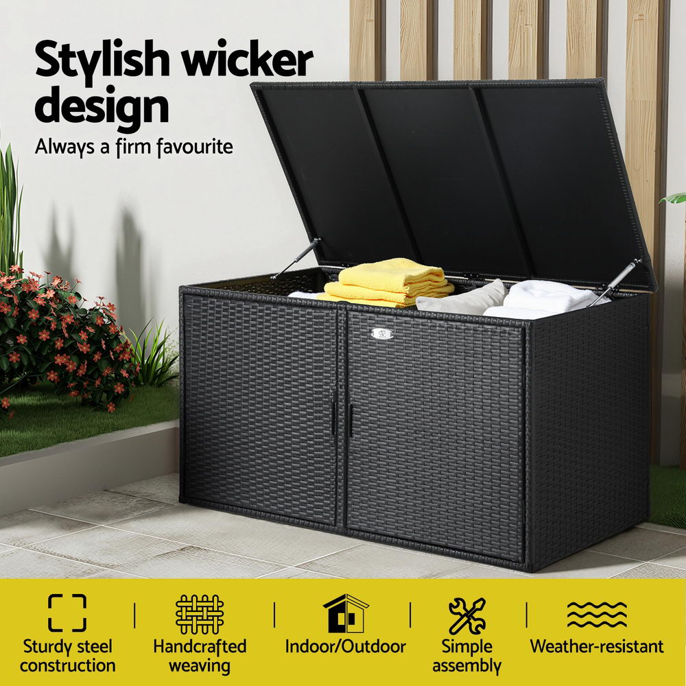 Black wicker storage box with towels on a patio, featuring text about its design and features.