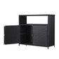 Black wicker sideboard with open doors on a white background