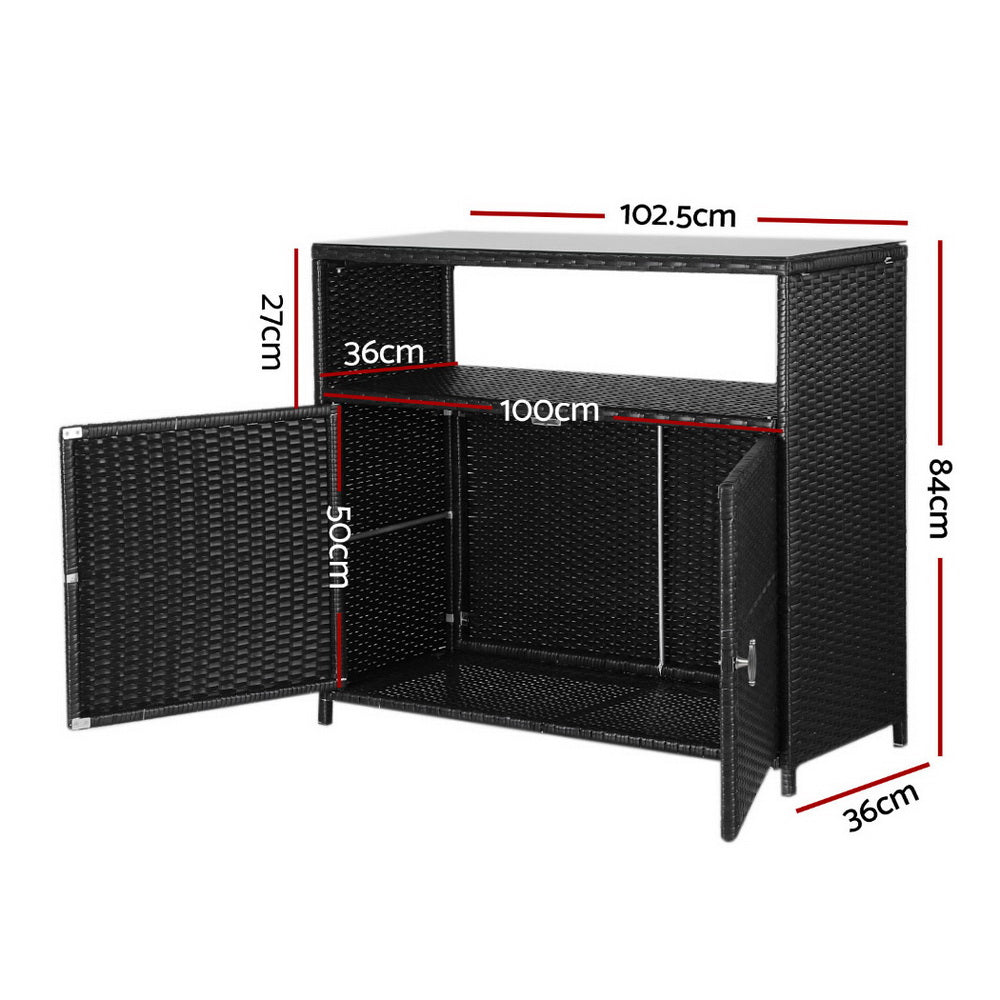 Black wicker cabinet with dimensions marked on a white background
