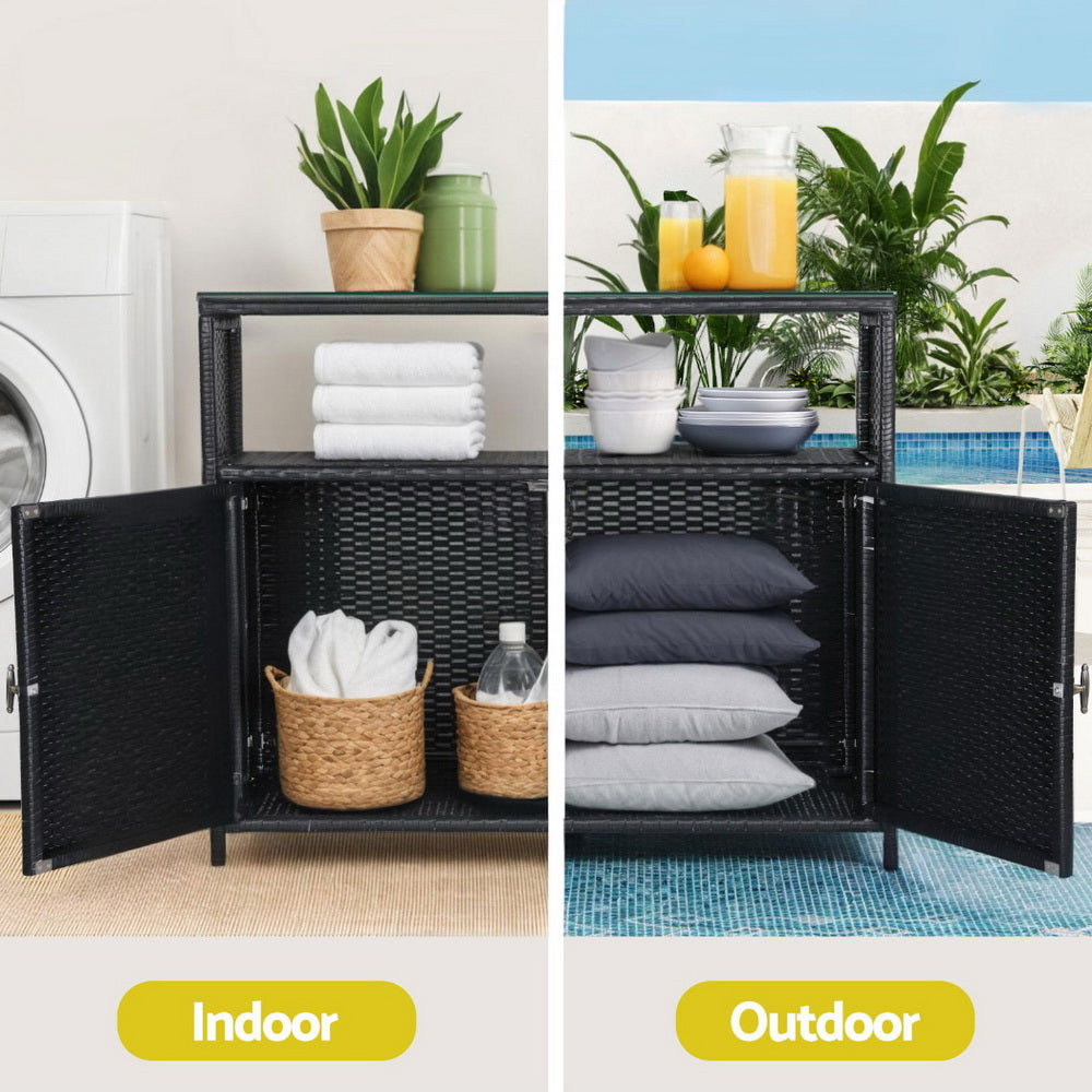 Black wicker storage cabinet with indoor and outdoor uses shown.