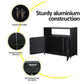 Black cabinet with features highlighted on a white background