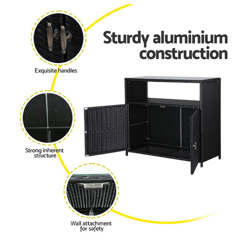 Black cabinet with features highlighted on a white background