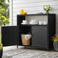 Black wicker sideboard with diningware on a patio