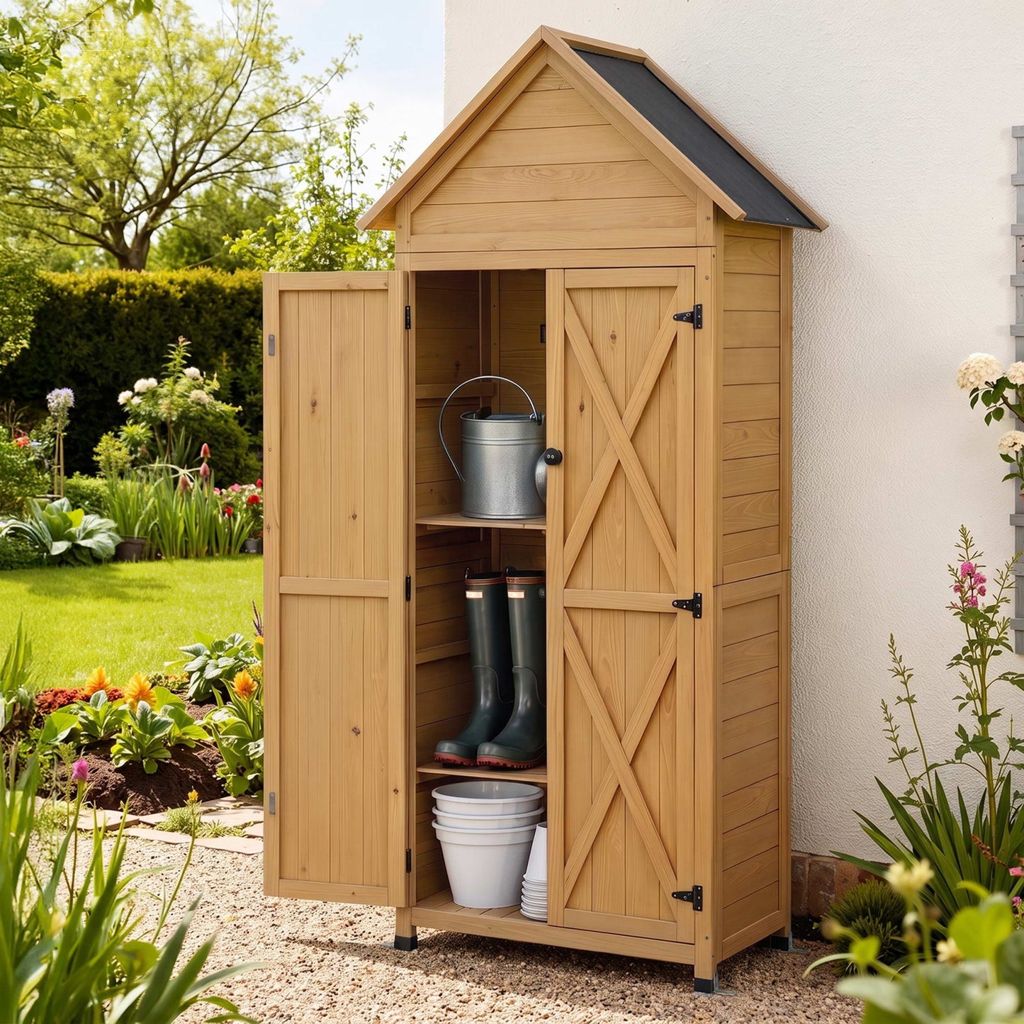 Outdoor Storage Cabinet Cupboard Tool Organizer Shed Adjustable Natural