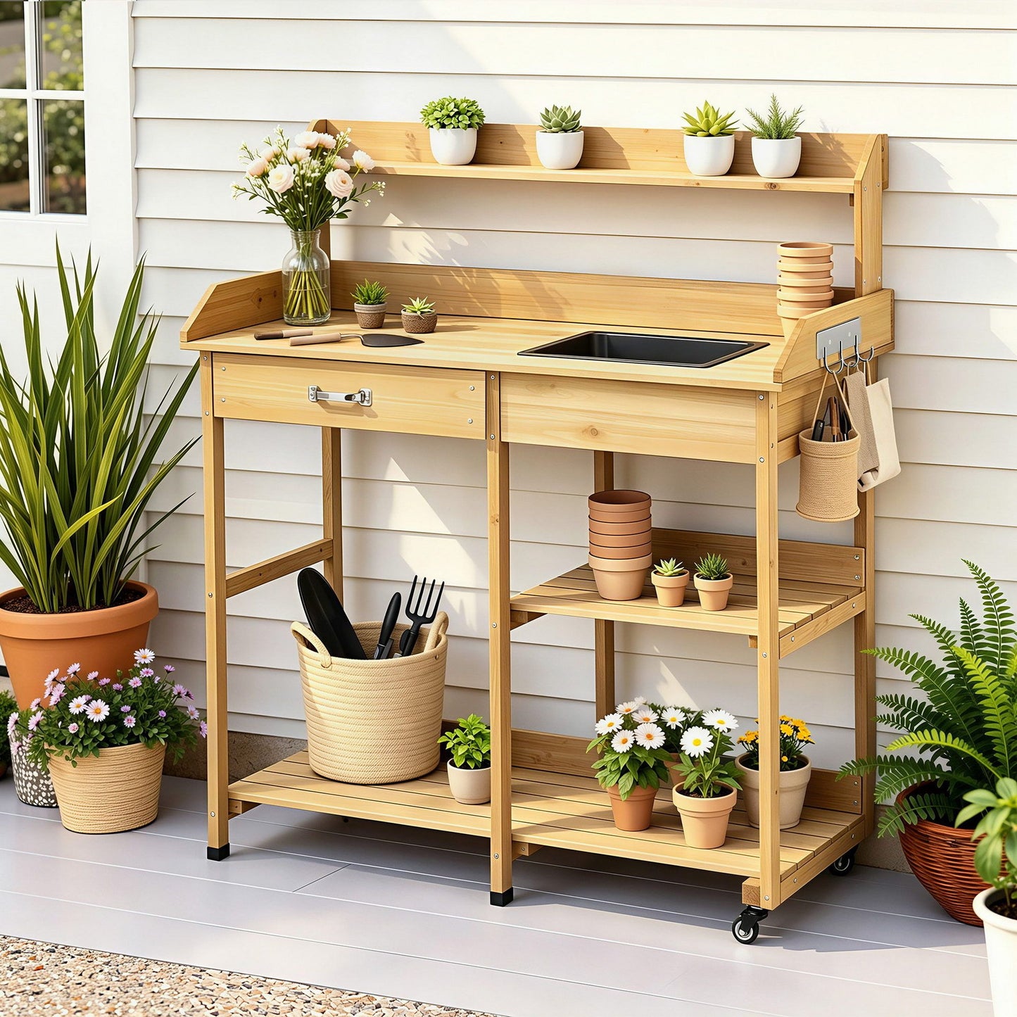 Outdoor Potting Bench Table Storage Cabinet Potters Garden Workstation Natural