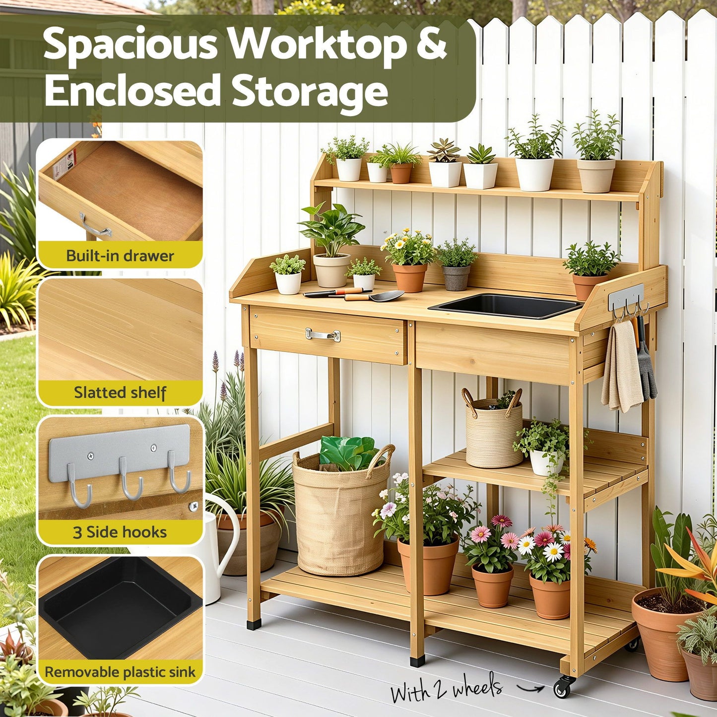 Outdoor Potting Bench Table Storage Cabinet Potters Garden Workstation Natural