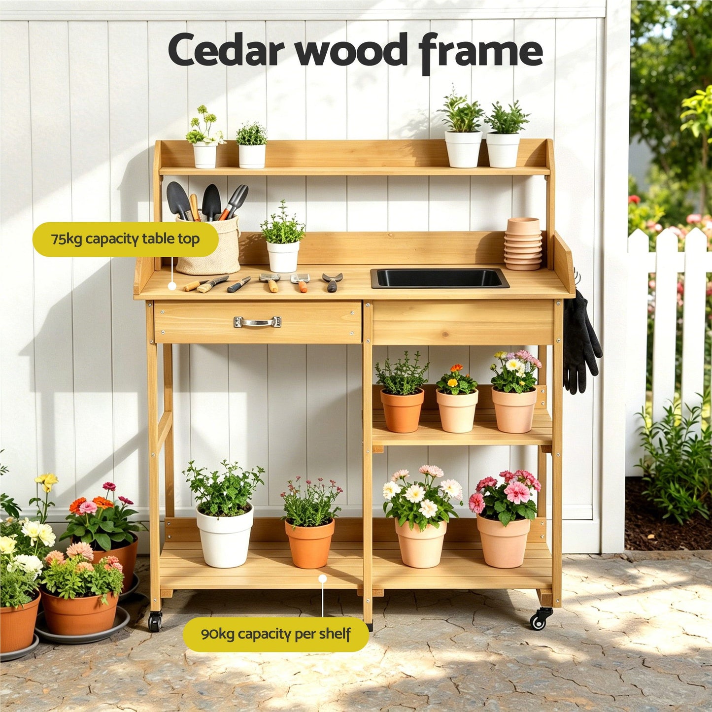 Outdoor Potting Bench Table Storage Cabinet Potters Garden Workstation Natural
