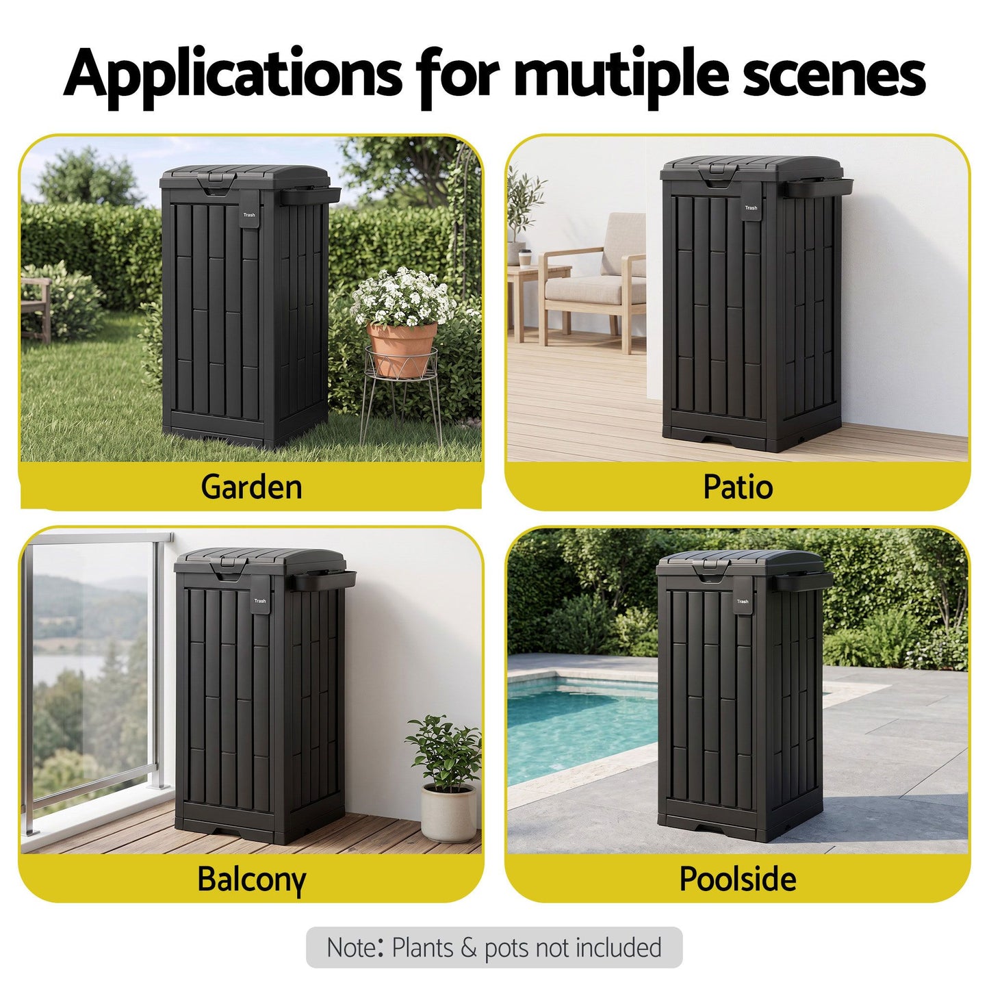 Outdoor Trash Cans Polypropylene Patio Hideaway Bin 110L Black