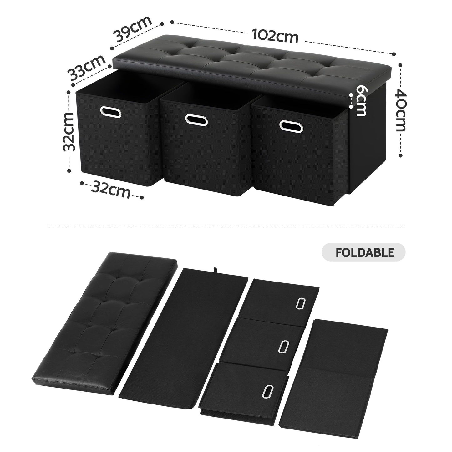 Storage Ottoman with 3 Cube Drawers Foot Stool Rest Foldable Black