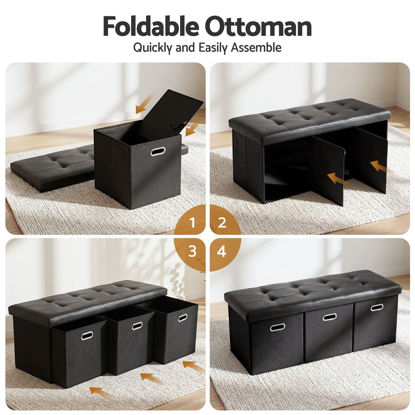 Storage Ottoman with 3 Cube Drawers Foot Stool Rest Foldable Black