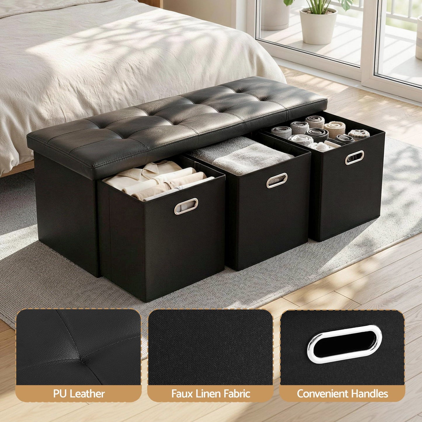 Storage Ottoman with 3 Cube Drawers Foot Stool Rest Foldable Black