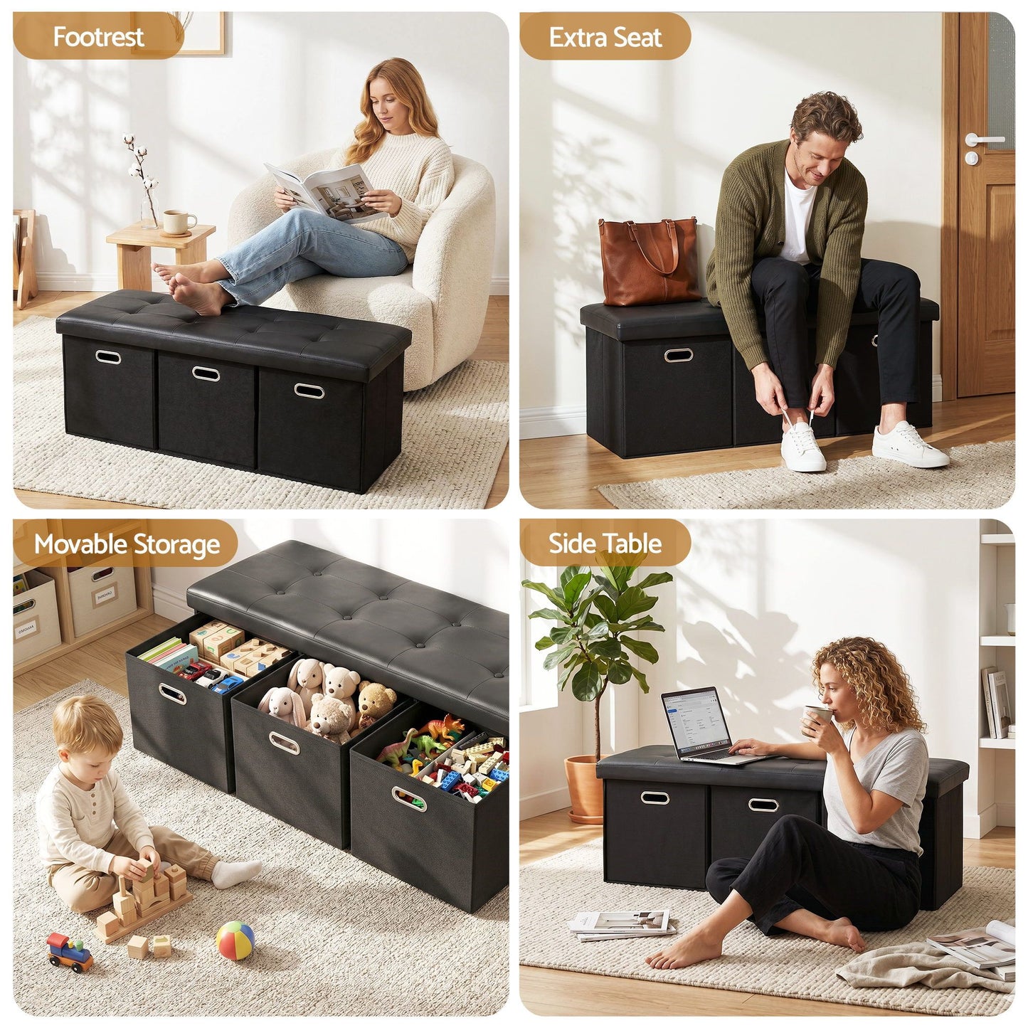 Storage Ottoman with 3 Cube Drawers Foot Stool Rest Foldable Black
