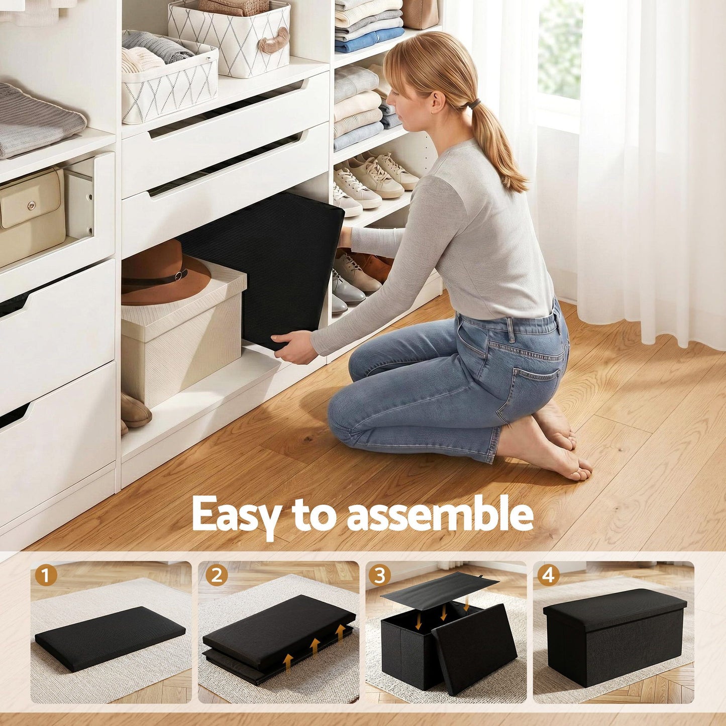 Storage Ottoman Bench Folding Blanket Box Toy Organiser Foot Stool Black