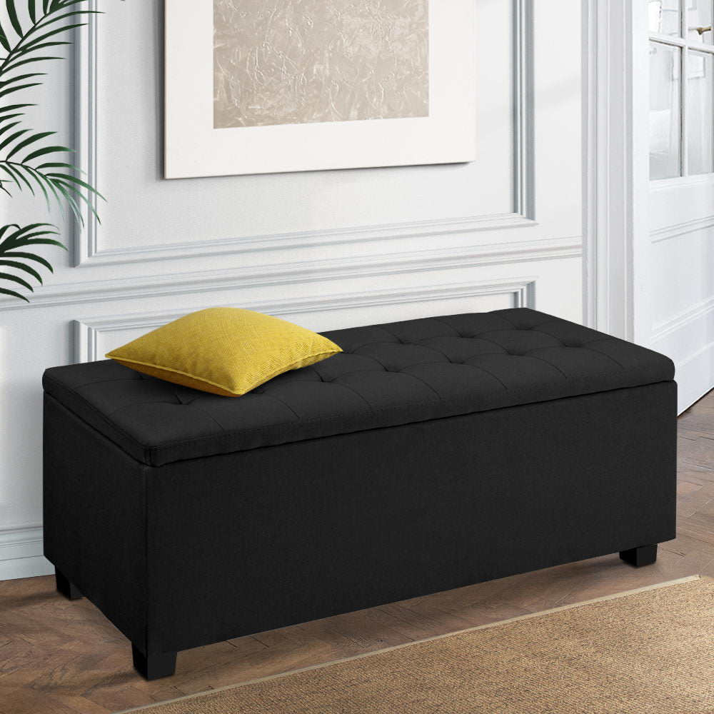 Storage Ottoman Blanket Box Black Fabric Footstool Chest Couch Seat Toy