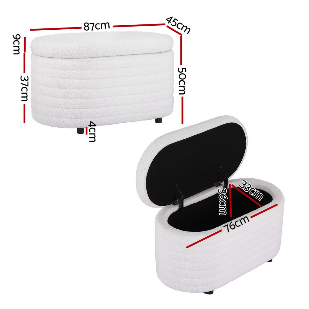 Storage Ottoman Blanket Box 87cm Bouclé Fabric Oval - White