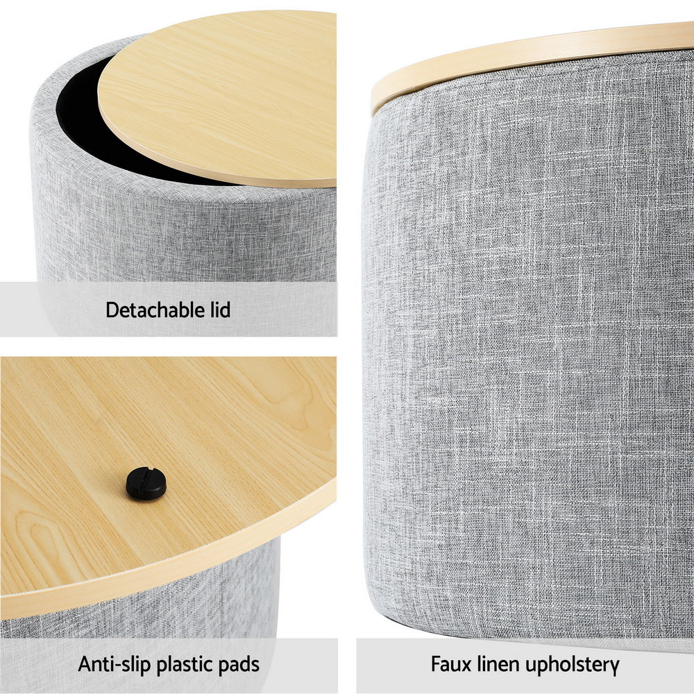 Storage Ottoman Blanket Box 40cm Linen Round - Grey