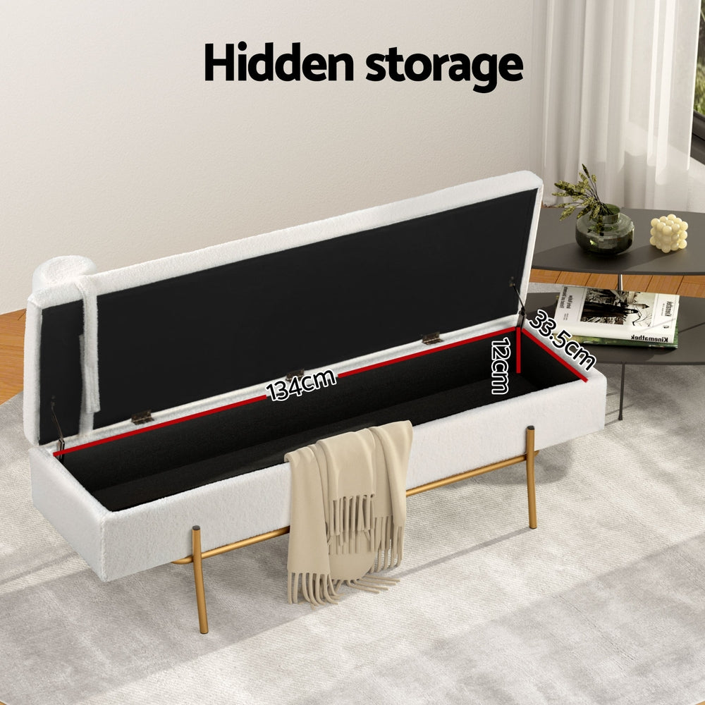 Storage Ottoman Bed 140cm Pillow Bouclé Fabric - White