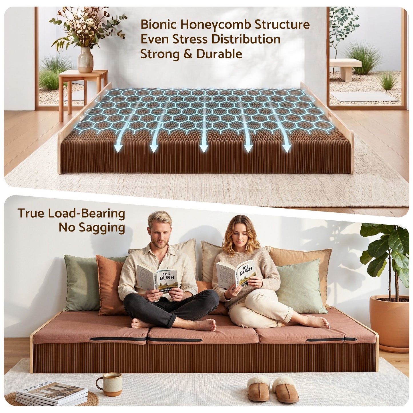 Brook Folding Kraft Paper Bed Frame with Mattress and Pillow - Brown