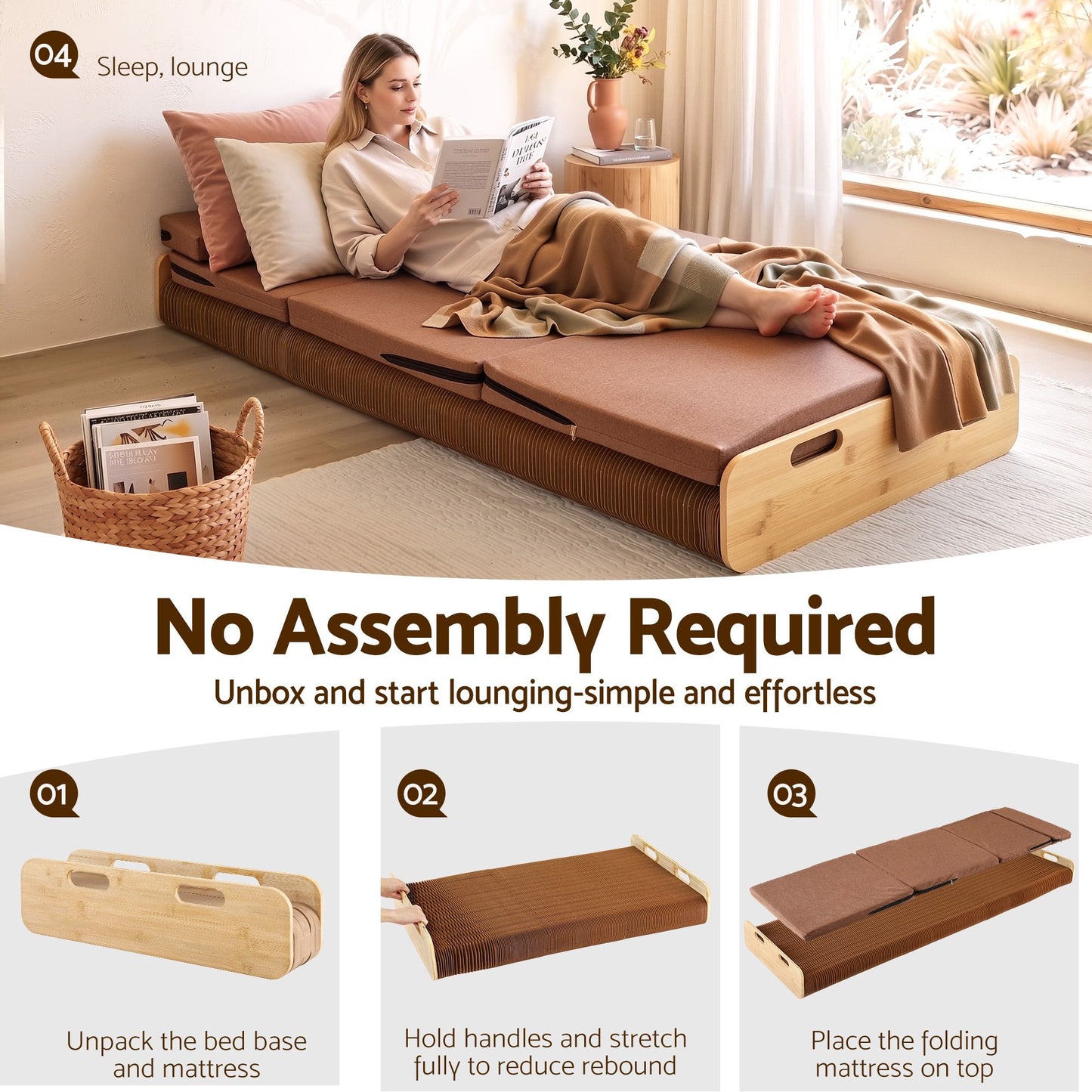Brook Folding Kraft Paper Bed Frame with Mattress and Pillow - Brown