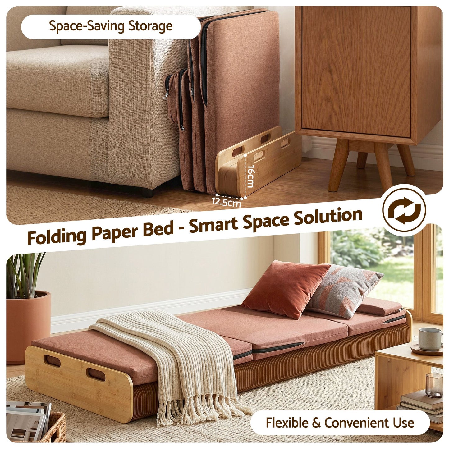 Brook Folding Kraft Paper Bed Frame with Mattress and Pillow - Brown