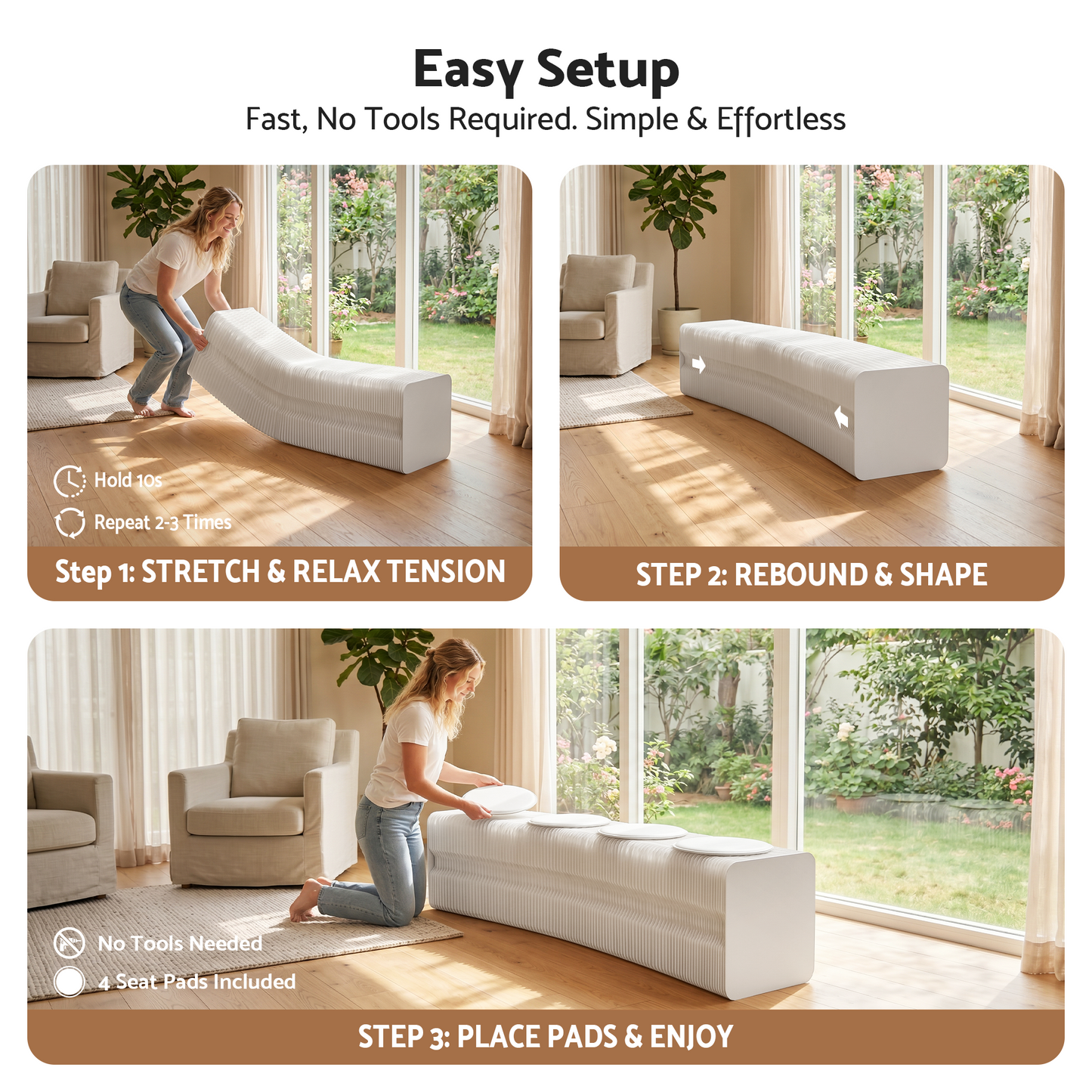 Folding Paper Bench With 4 PU Leather Seat Pads Expandable Accordion Stool For 4 Seats